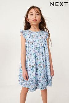 Blau mit floralem Muster - Gerüschtes Kleid aus Satin (3 Monate bis 16 Jahre) (D44006) | 18 € - 27 €