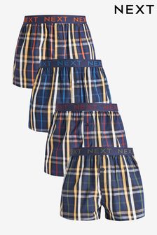 Navy Blue Check Elastic Waistband 4 pack Pattern Woven Pure Cotton Boxers (D44606) | $45