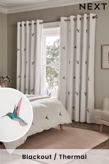 White Hummingbird Embroidered Blackout Eyelet Curtains