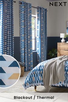 Blue Geometric Blackout/Thermal Eyelet Curtains (D45411) | $88 - $194