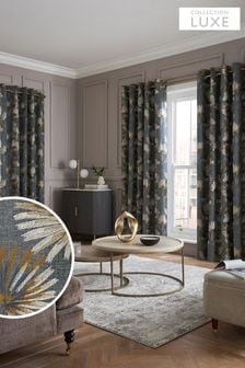 Charcoal Grey Next Collection Luxe Leaf Embroidered Eyelet Lined Curtains (D45424) | €72 - €153