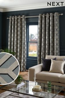 Grey Geometric Jacquard Eyelet Lined Curtains (D45427) | €38 - €90