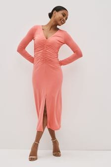 Patrizia Pepe Pink V-Neck Gathered Midi Dress (D45780) | 228 €