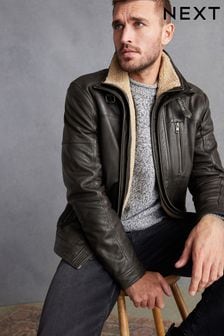 Brown Four Pocket Borg Lined Leather Jacket (D45824) | AED385