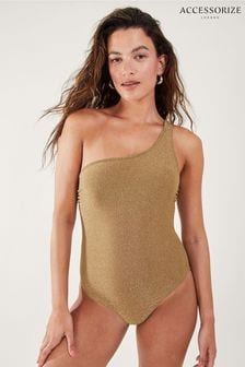 Accessorize Gold Shimmer One Shoulder Swimsuit (D45920) | kr770