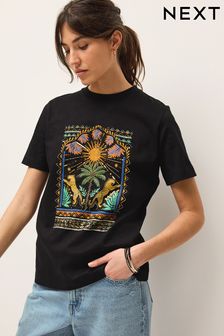Motif noir orné de palmiers - T-shirt Manche courte Col ras du cou lourd (D46365) | €28