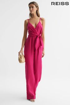 Reiss Pink Emilia Petite V-Neck Linen Jumpsuit (D46388) | OMR134