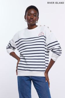 River Island White Stripe Button Crew Sweatshirt (D46498) | $64