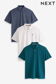 قميص أبيض برسومات هندسية/ كحلي بخطوط/ لون أزرق مخضر - حزمة من 3 قمصان بولو جيرسيه (D46548) | د.ك 14.500