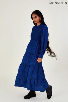 Monsoon Blue Sally Spot Shirred Midi Dress In Sustainable Viscose (D47706) | 108 €