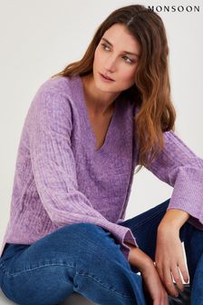 Monsoon Purple V-Neck Cable Longline Jumper with Recycled Polyester (D47726) | 87 €