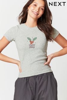 Grau - Holly Jolly T-Shirt mit Weihnachtsgrafik (D48402) | 30 €
