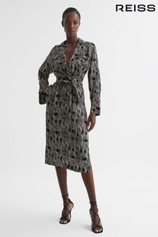 Reiss Cream/Black Georgina Swirl Print Midi Dress (D48806) | OMR179