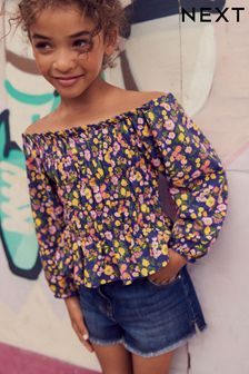 Navy Blue/Pink Ditsy Shirred Long Sleeve Top (3-16yrs) (D48843) | €14 - €18
