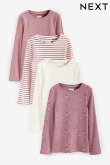 Pink Floral - Ribbed Long Sleeve Tops 4 Pack (3-16yrs) (D48856) | DKK220 - DKK285