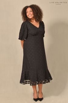 Live Unlimited Curve Black Chiffon Burnout Spot Midi Dress With Short Sleeve (D49086) | €55