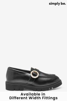 Simply Be zwarte loafers met dikke zool, gesp met parels en extra wijde pasvorm (D49125) | €28