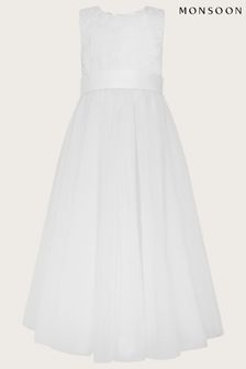 Белое платье макси из тюля с кружевной отделкой Monsoon Alice (D49407) | €76 - €89
