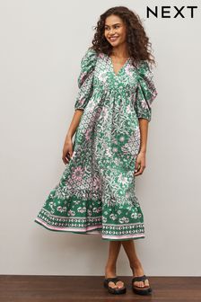 Green and Pink Floral Puff Sleeve Poplin Dress (D49799) | $55