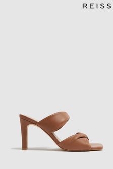 Reiss Tan Eliza Slip on Leather Sandal Heels (D49984) | AED1,210