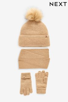 Camel/Natur - Weiches Set aus gerippter Mütze, Handschuhen und Schal (3-16yrs) (D50073) | 16 € - 19 €