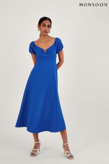 Niebieska sukienka bardot Monsoon Katie ozdobnym pierścieniem przy dekolcie (D50084) | 450 zł