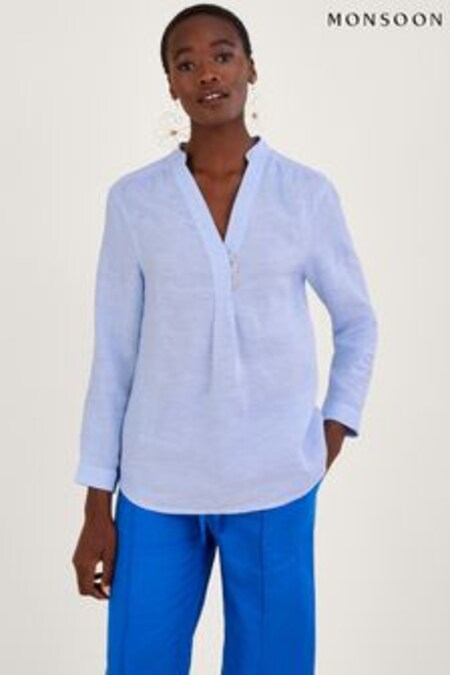 Monsoon Blue Linen Chambray Neru Collar Shirt (D50088) | 87 €