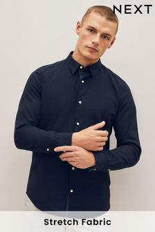 Navy Blue Stretch Oxford Long Sleeve Shirt (D50107) | OMR13