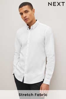 White Stretch Oxford Long Sleeve Shirt (D50119) | AED125