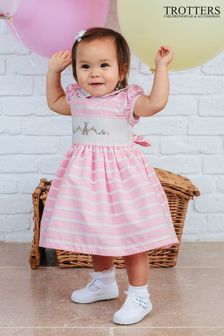 Trotters London Little Gesmoktes Kleid mit Streifen und Häschendesign, Pink (D50146) | 97 €