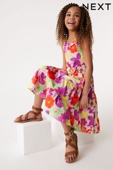 Pink Bright Floral Print Tiered Strappy Dress (3-16yrs) (D50244) | €14 - €18
