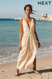 Cream Plunge Rope Belted Maxi Summer Dress (D50344) | €38