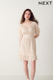 Коричневый с цветочным принтом - Платье мини с пышными рукавами и добавлением льна (D50402) | €16