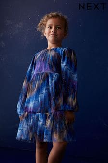 Niebiesko-fioletowy z połyskującym efektem tie-dye - Warstwowa sukienka z tiulu o wzorze siateczki (3-16 lat) (D50662) | 90 zł - 111 zł