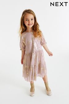 Pink/Gold Foil Sparkle Mesh Short Sleeve Tiered Party Dress (3-16yrs) (D50663) | 13,010 Ft - 16,130 Ft