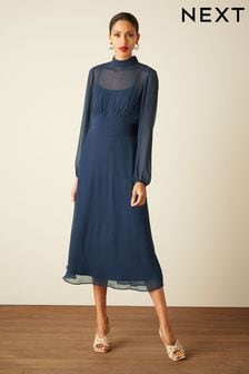 Navy Blue Long Sleeve High Neck Sheer Layer Midi Dress (D50678) | €39