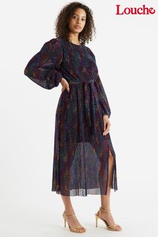 Louche London Black Louche Roza Multicolour Plisse V-Neck Puff Sleeve Midi Dress (D50685) | €59