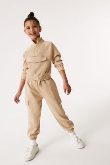 Ecru Cream 2 Piece Half Zip Sweatshirt And Cargo Joggers Set (3-16yrs) (D50725) | €13 - €17.50