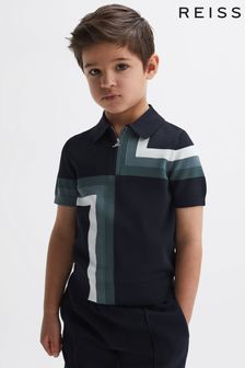 Reiss Navy Chapel Junior Slim Fit Short Sleeve Half Zip Polo Shirt (D50972) | $63