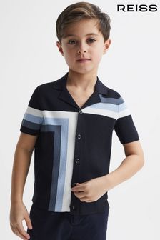 Reiss Navy Suffolk Junior Cuban Collar Colourblock Shirt (D50977) | DKK356