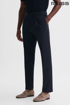 Reiss Navy Thom Adjustable Tapered Trousers with Turn-Ups (D51024) | $226
