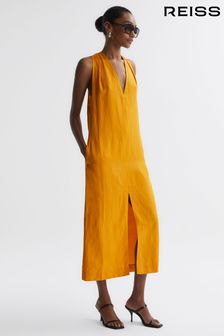 Reiss Yellow Alda Plunge Neck Midi Dress (D51090) | $293