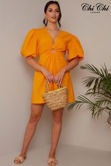 Chi Chi London Orange Ring Front Puff Sleeve Dress (D51808) | $82