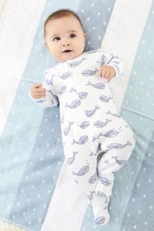 JoJo Maman Bébé Blue Whale Print Zip Cotton Baby Sleepsuit (D51873) | 99 QAR