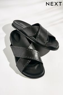 Black Leather Flat Footbed Sandals with Stud Detailing (D51982) | 24 €