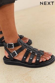 Black Standard/Wide Fit Forever Comfort® Leather Gladiator Sandals (D51985) | $68