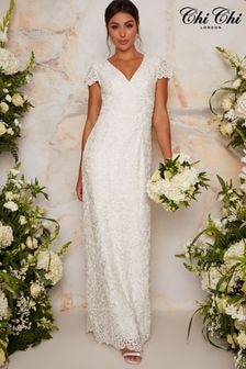 Chi Chi London White Bridal V-Neck All-Over Lace Shauni Dress (D52162) | $428