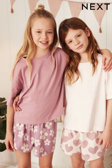 Pink/Cream Floral Heart Short Pyjamas 2 Pack (3-16yrs) (D52296) | DKK206 - DKK284