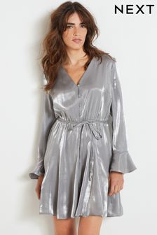 Silver Metallic Long Flutter Sleeve Mini Dress (D52488) | €23