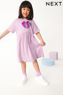 Lilac Purple Heart Sequin Short Sleeve Jersey Dress (3-16yrs) (D52557) | $32 - $47